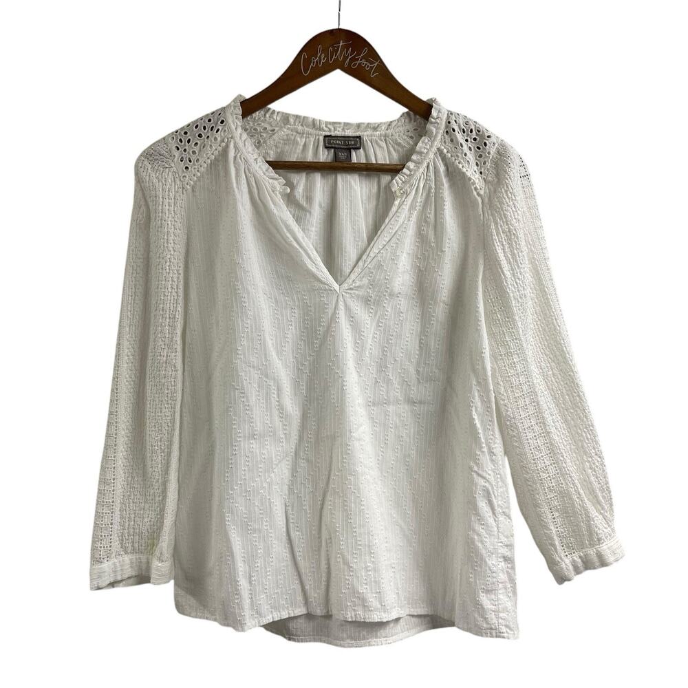 Point Sur White Lace Sleeve Top XXS Mixed Eyelet Popover L7822 Bohemian